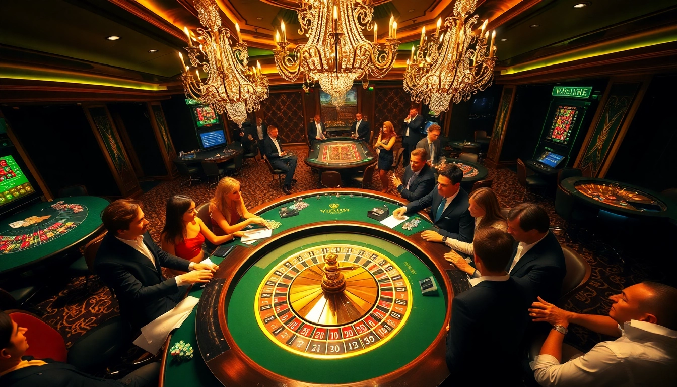 Engaging VIPwin casino scene with players at a roulette table, showcasing excitement and luxury.