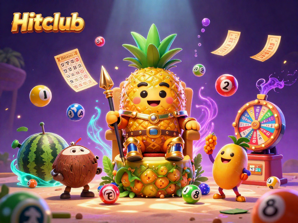 Engage with Hitclub featuring a golden pineapple king and casino elements in a vibrant fantasy scene.
