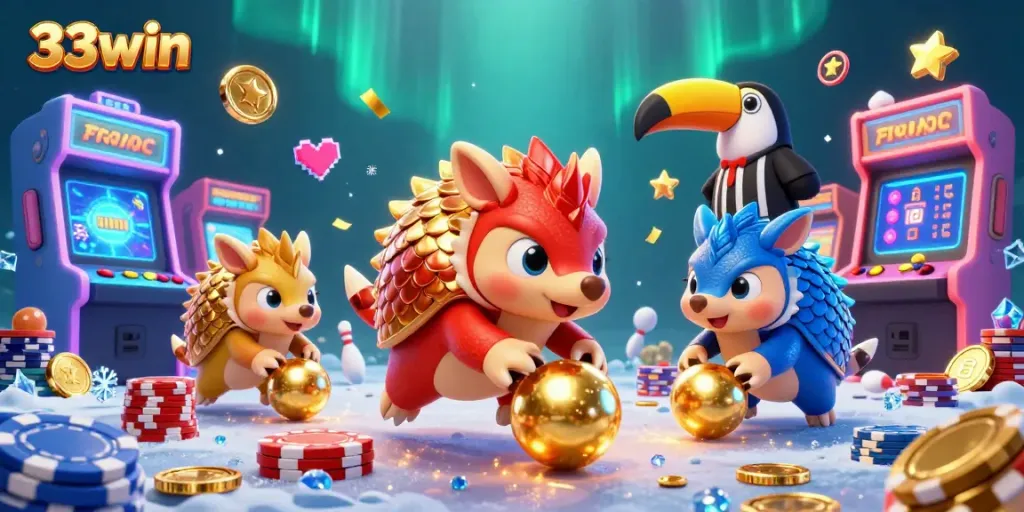 Experience the excitement of 33win through vibrant pangolins and casino riches in a dynamic illustration.