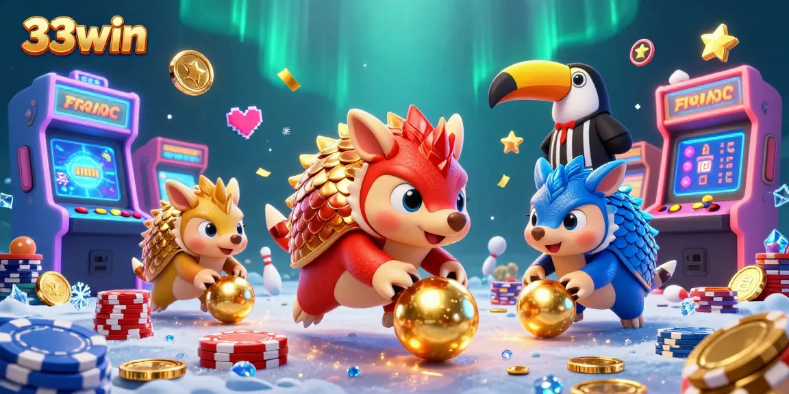 Experience the excitement of 33win through vibrant pangolins and casino riches in a dynamic illustration.