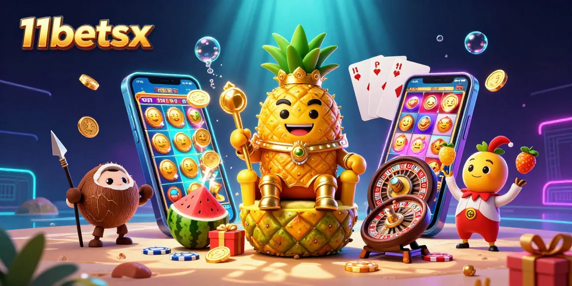 Experience immersive gaming at 11betsx with a vibrant casino scene featuring our golden pineapple king.