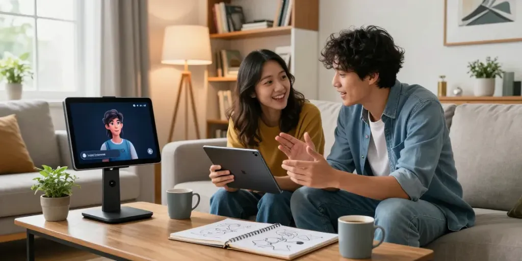 Engaging couple exploring juicy ai character interactions on a tablet in a vibrant living room.