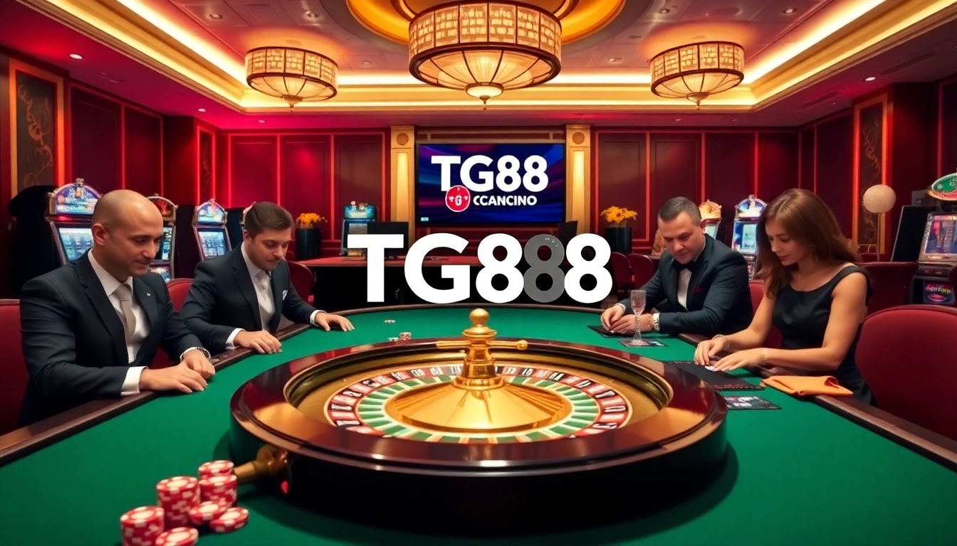 Engaging casino scene with "TG88 đăng nhập" prominently featured among buzzing slot machines and eager players.