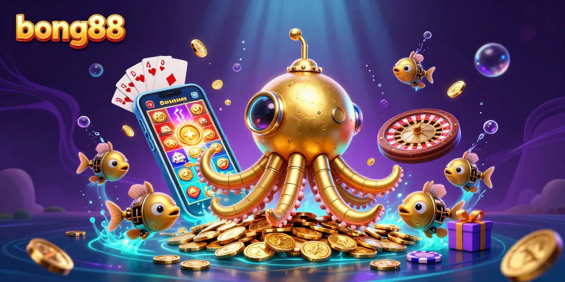 Bong88 players winning with a golden kraken submarine amidst thrilling casino elements and golden coins.