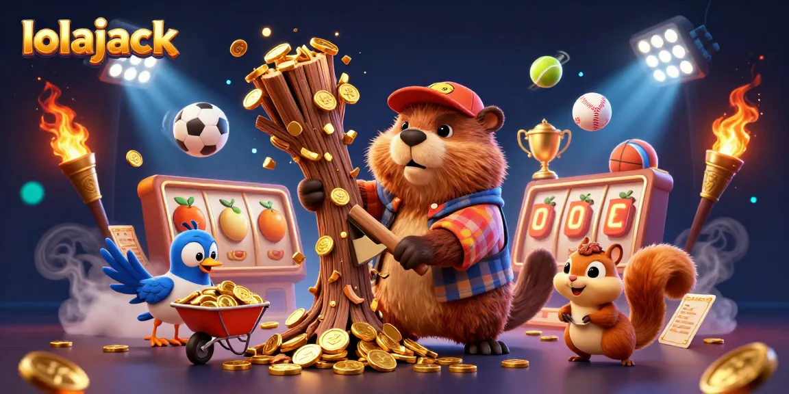 Spin the reels at lolajack while a cartoon beaver collects golden coins in this vibrant scene.