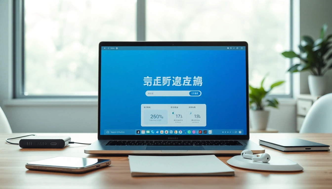 在现代工作空间的笔记本电脑上显示的快连官网界面，展示科技与生产力。