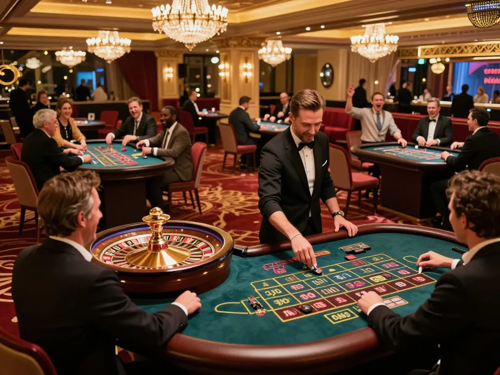 Players enjoying roulette in a vibrant casino scene at 98win9 with festive atmosphere.