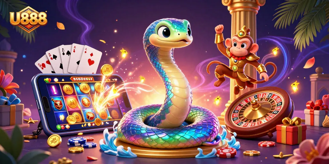 Engage with U888's dynamic 3D illustration featuring vibrant casino elements and characters.