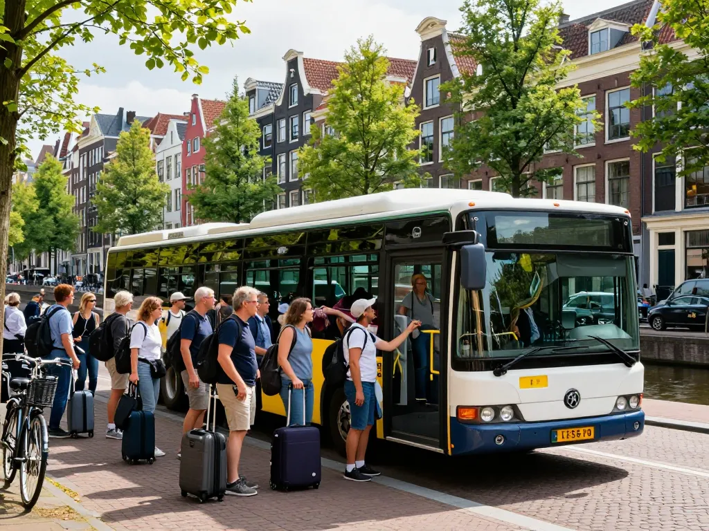 Taxi bus Amsterdam met passagiers die instappen in levendige stadsomgeving, die het gemak van groepsvervoer en stedelijke charme laat zien.