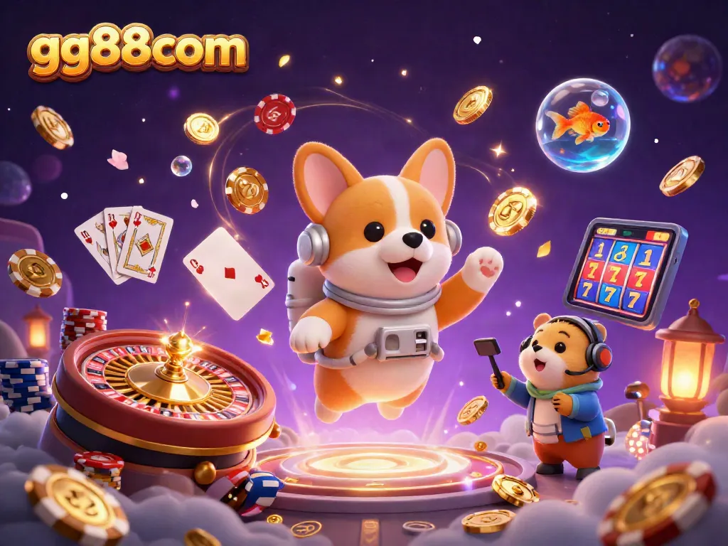 Experience the thrill of gambling at gg88com with a playful space casino adventure featuring a corgi astronaut.
