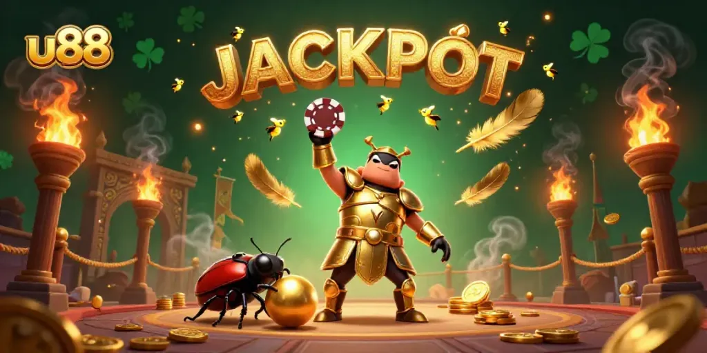 u88 online casino scene showcasing a heroic beetle lifting a poker chip with vibrant casino elements surrounding it.