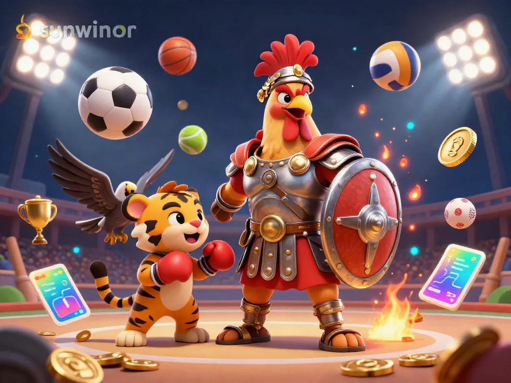 Create winning strategies with sunwinor showcasing a dynamic gladiator rooster and engaging casino elements.