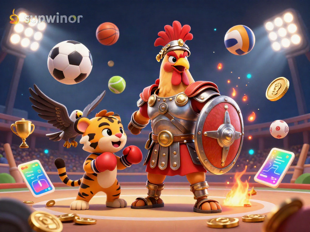 Create winning strategies with sunwinor showcasing a dynamic gladiator rooster and engaging casino elements.