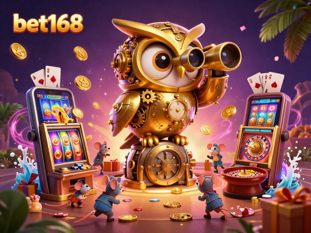 Experience the thrill of bet168 with a vibrant casino scene featuring an owl, slots, and playful patrons.