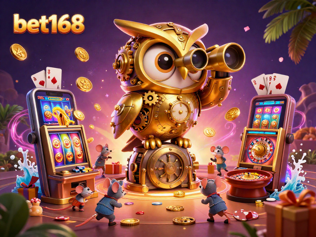 Experience the thrill of bet168 with a vibrant casino scene featuring an owl, slots, and playful patrons.