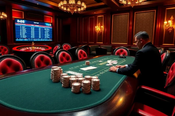Bong da lu88-driven strategy among players at a luxurious poker table in a vibrant casino.