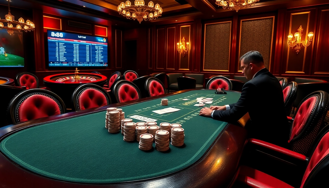 Bong da lu88-driven strategy among players at a luxurious poker table in a vibrant casino.