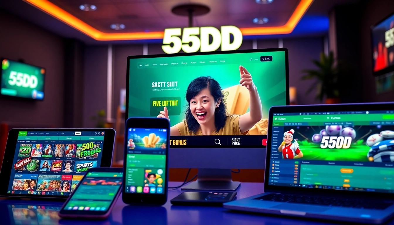 55DD online betting platform with vibrant user interface showcasing games and promotions.