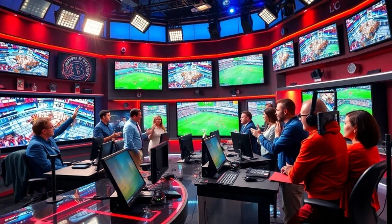 Engaging scene of sports broadcasting with presenters, showcasing excitement and high-tech equipment.