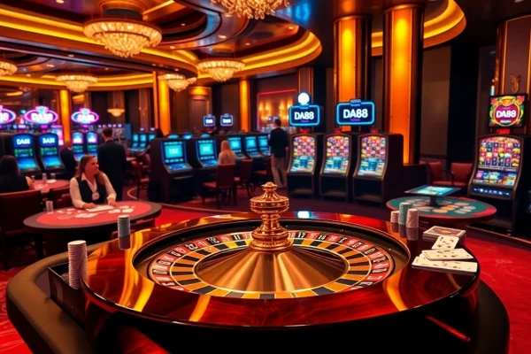 Engaging casino scene showcasing DA88 with roulette wheel, poker tables, and vibrant slot machines.