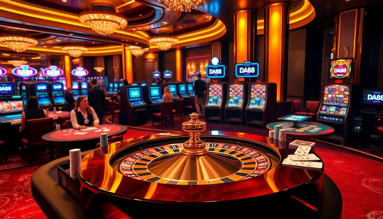 Engaging casino scene showcasing DA88 with roulette wheel, poker tables, and vibrant slot machines.