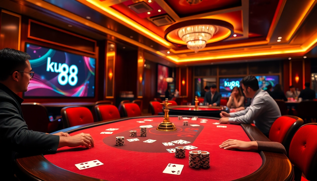 Engaging scene of poker at a luxurious casino featuring ku88 branding and vibrant gameplay.