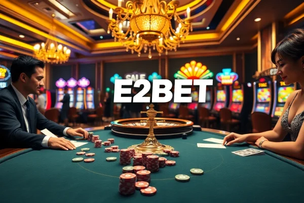 E2BET online casino gaming experience with vibrant tables, chips, and engaging players.