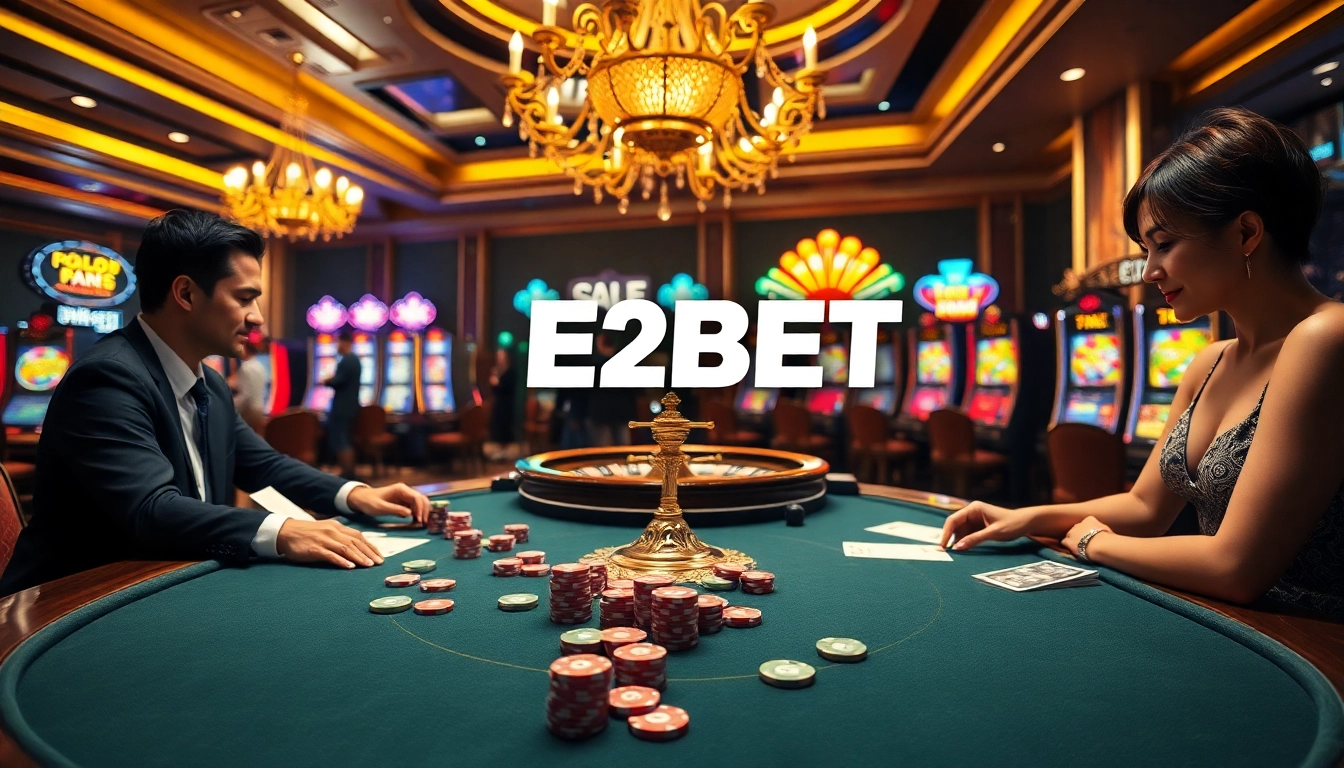 E2BET online casino gaming experience with vibrant tables, chips, and engaging players.