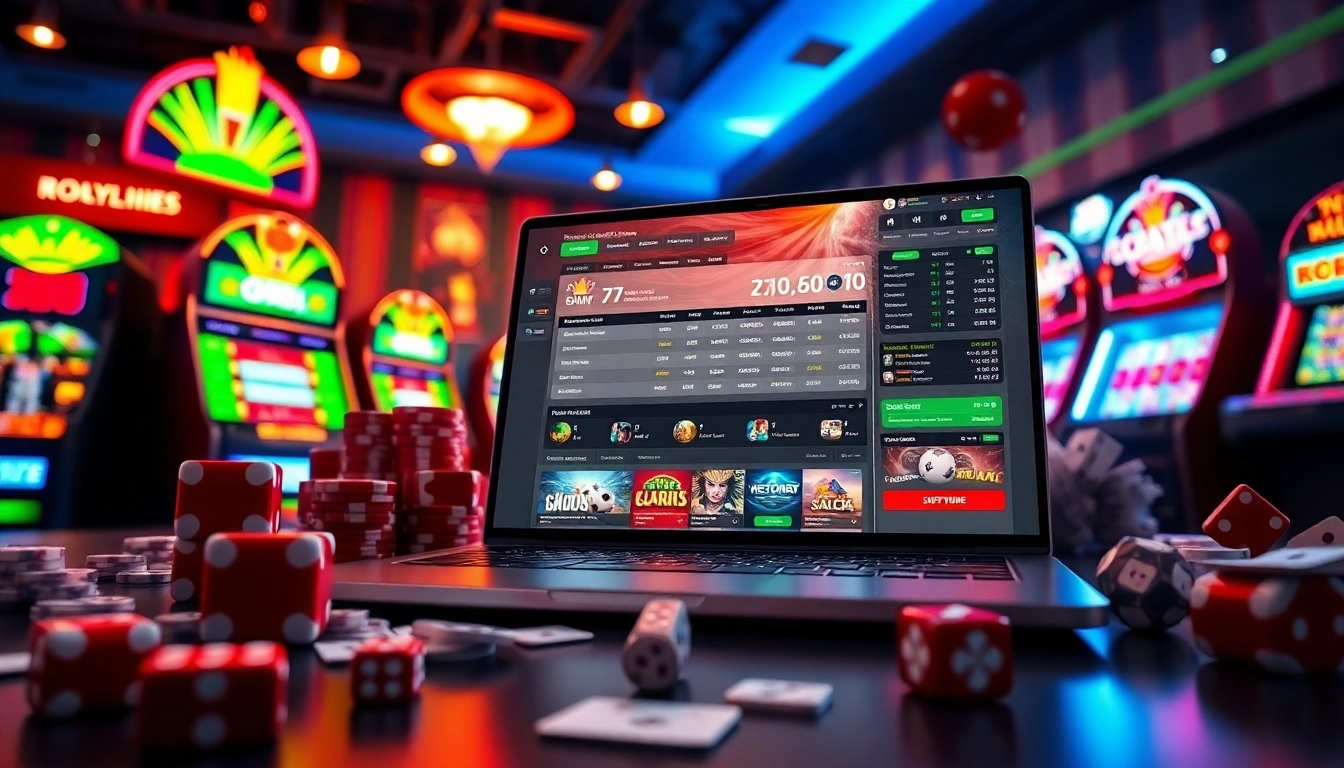 Experience the innovative online gambling platform 77EE with vibrant casino visuals and modern gameplay interface.