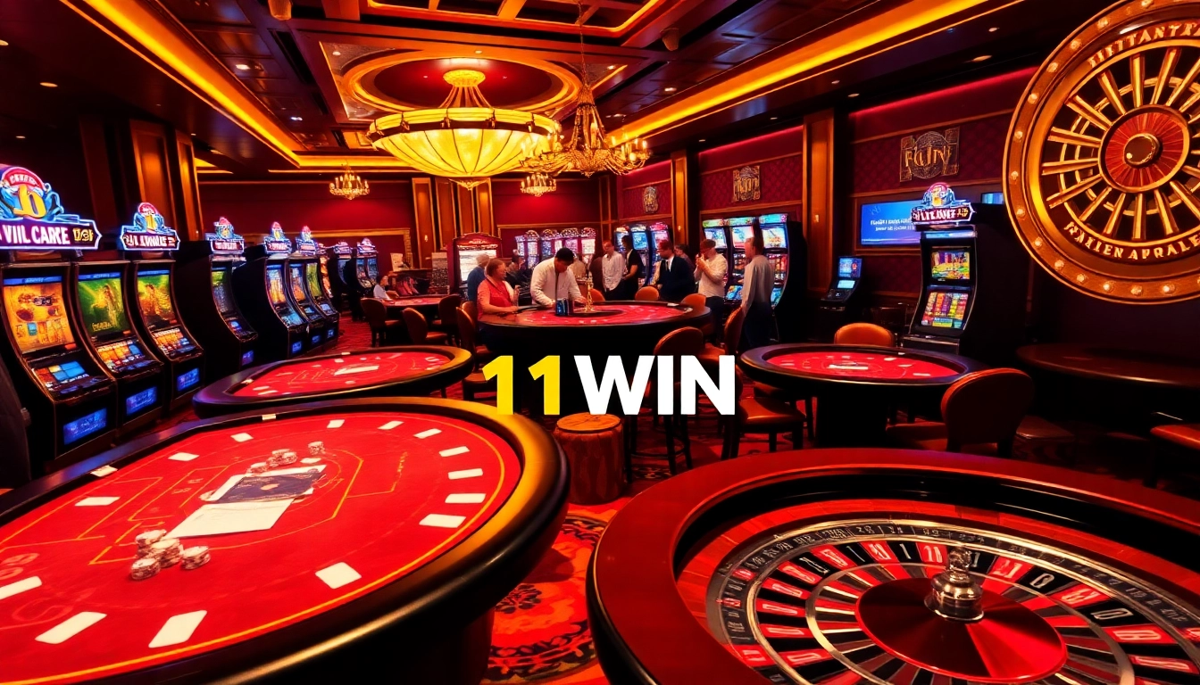 Experience the thrill of 11WIN as players engage with dynamic casino games, poker tables, and vibrant slot machines.
