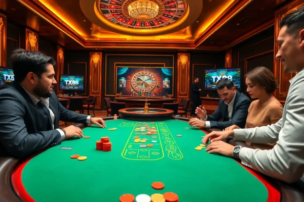 TX88 poker game in a luxurious casino setting with vibrant chips and cards.