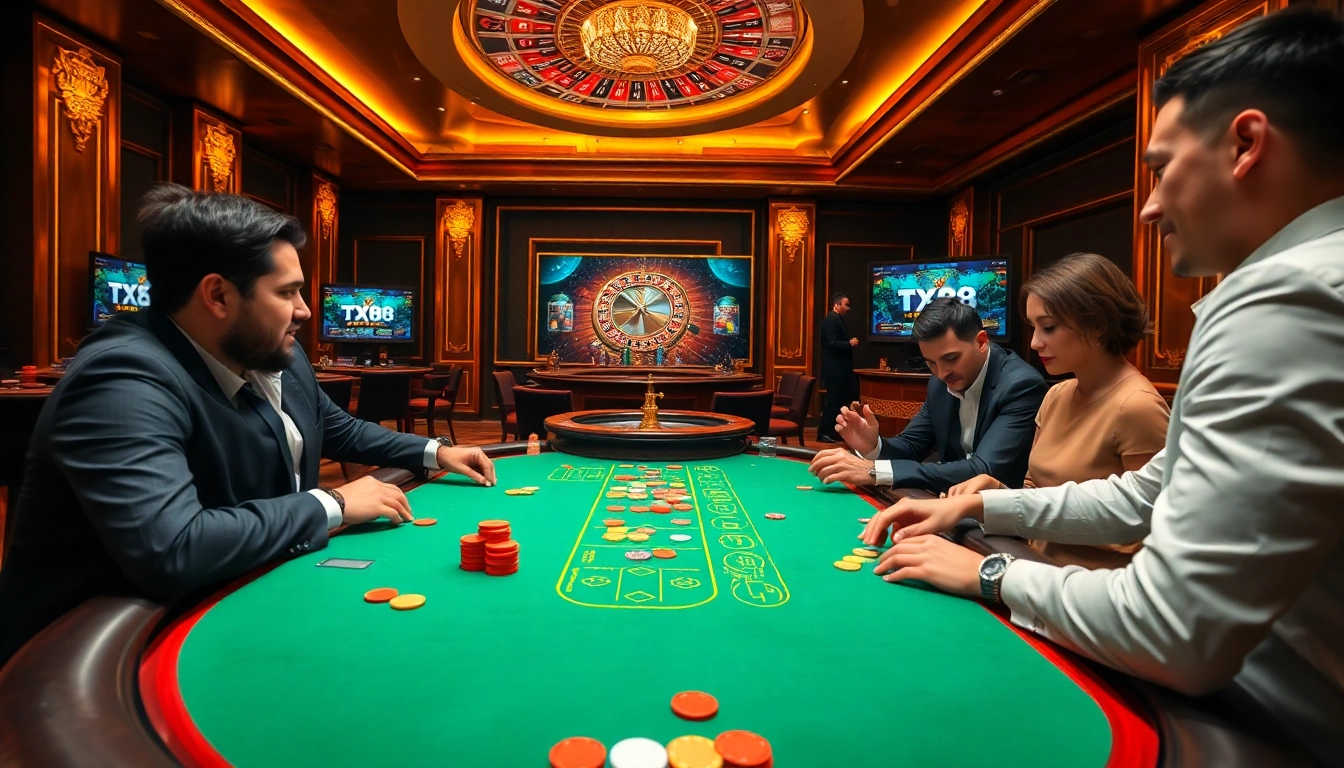 TX88 poker game in a luxurious casino setting with vibrant chips and cards.