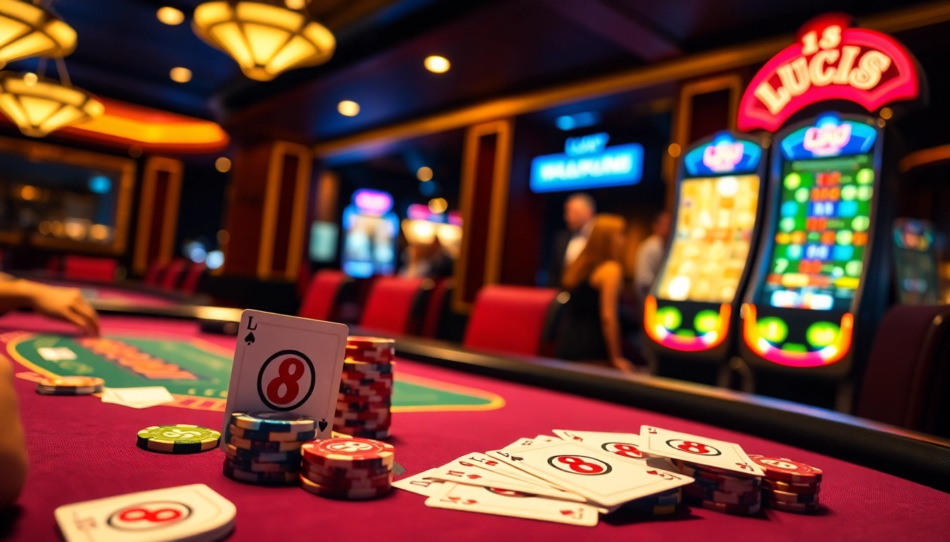 Players experience thrilling blackjack action at LUCK 8 casino table, celebrating winning moments.