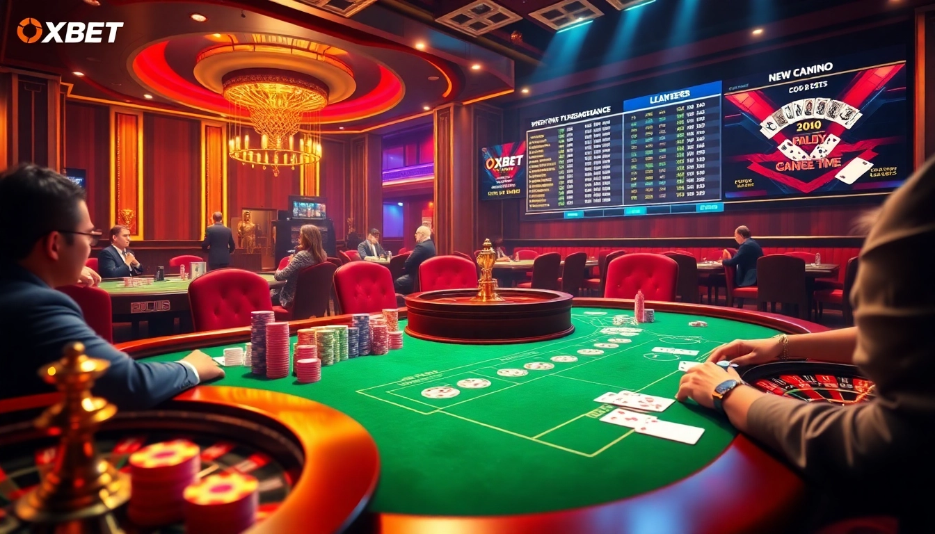 Experience the thrilling OXBET casino atmosphere with poker players, chips, and roulette.