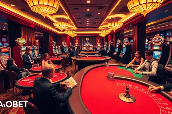 Experience the excitement of VAOBET with vibrant casino gaming tables, luxurious atmosphere, and engaged players.