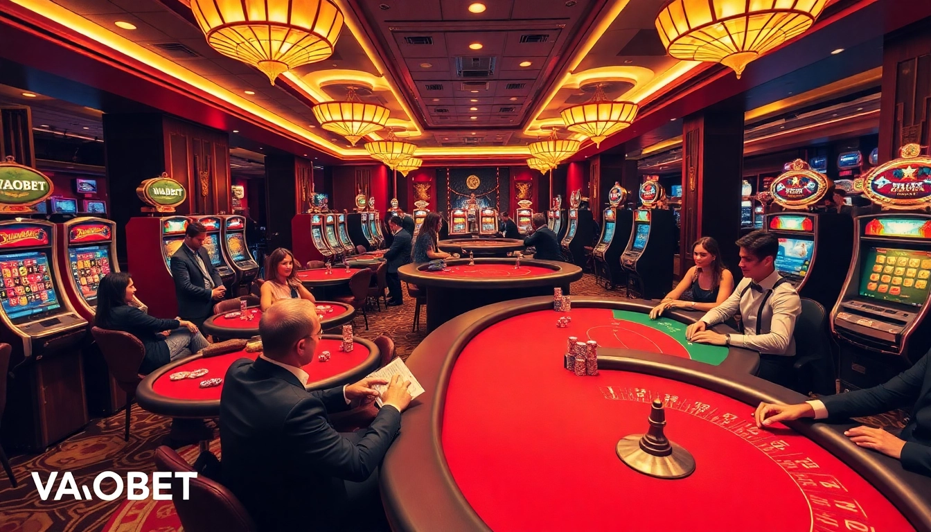 Experience the excitement of VAOBET with vibrant casino gaming tables, luxurious atmosphere, and engaged players.