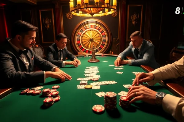 Engaging poker action at a luxurious table scene referencing https://8xbetsports.com for online gambling excitement.