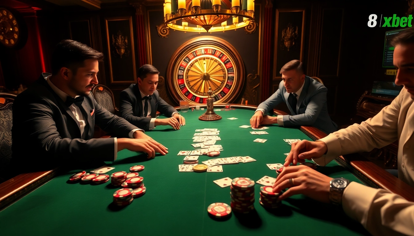 Engaging poker action at a luxurious table scene referencing https://8xbetsports.com for online gambling excitement.