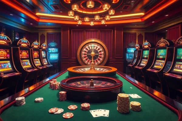 S8.boston casino scene showcasing luxury gaming tables, vibrant slot machines, and exciting roulette wheel.