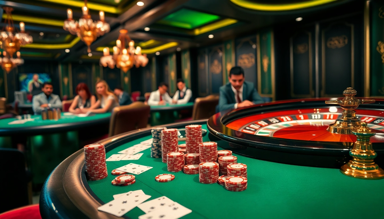 Sky88 players roll dice and stack chips in a vibrant casino atmosphere.