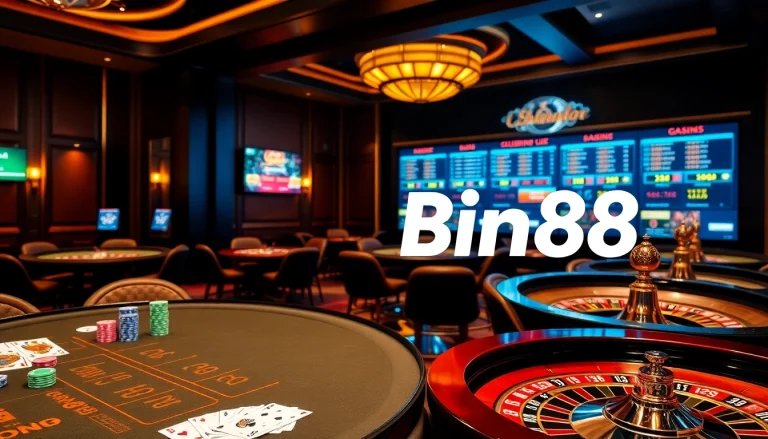 Experience thrilling gambling action at Bin88 with poker chips and roulette wheels.