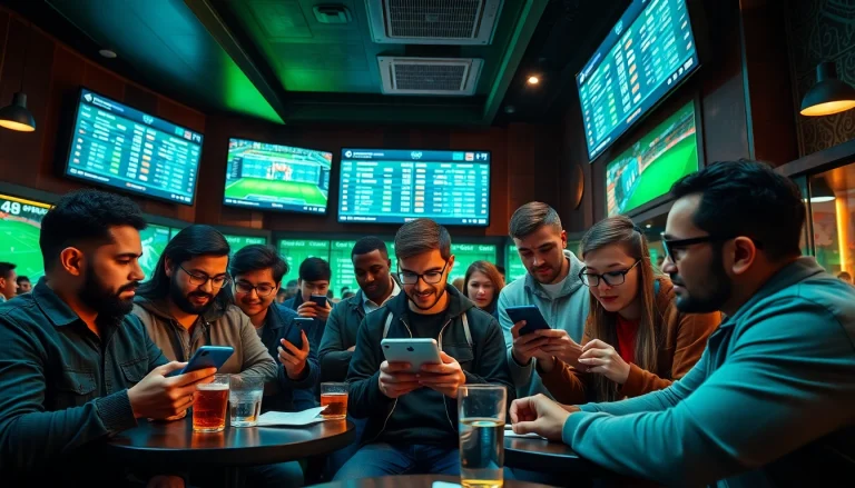 Enthusiastic fans engaging with keonhacai football betting odds in a vibrant sports lounge.
