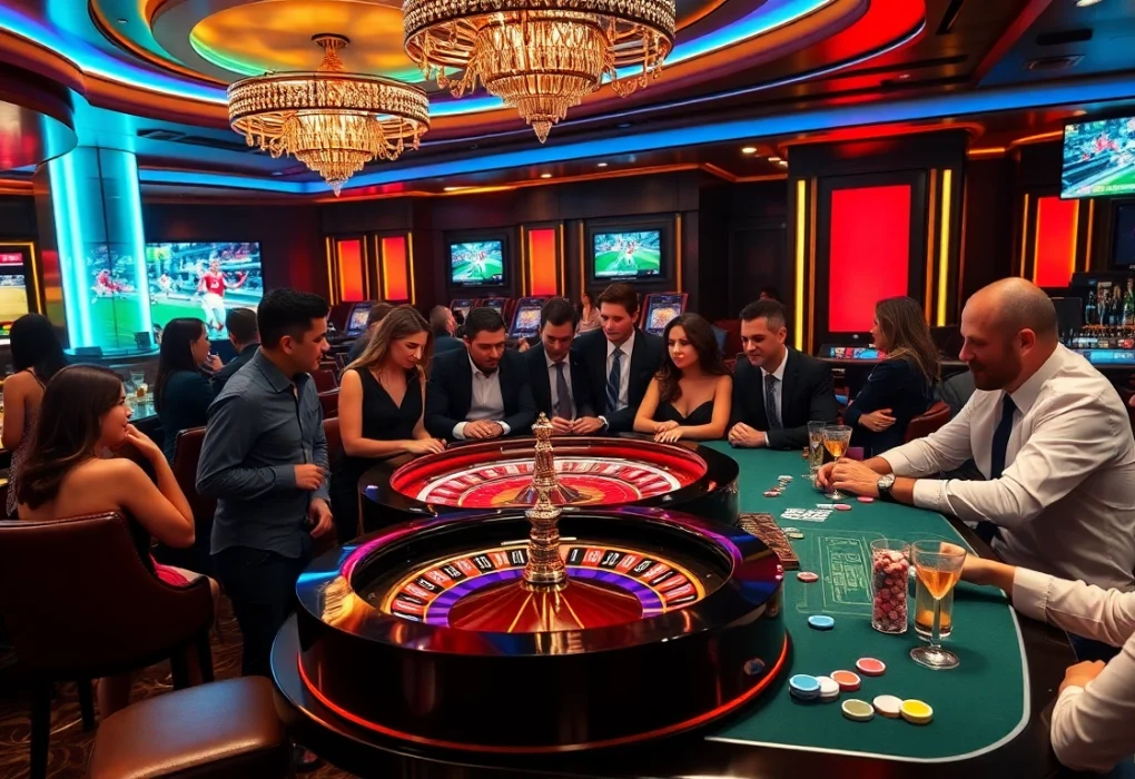 An exciting casino scene celebrating Cakhia TV with live sports viewing at a vibrant roulette table.