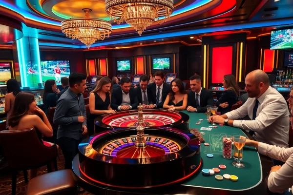 An exciting casino scene celebrating Cakhia TV with live sports viewing at a vibrant roulette table.