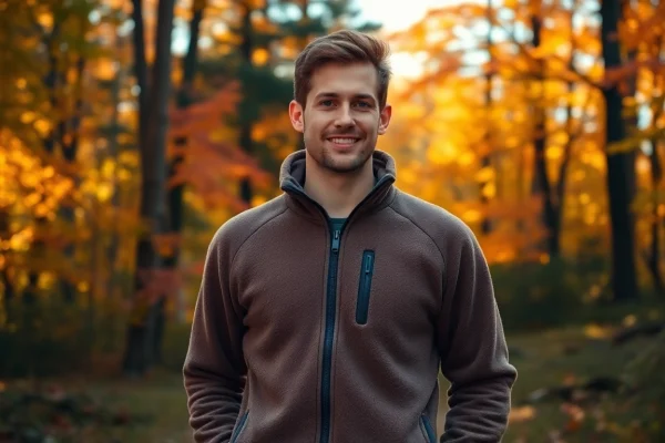 Bekijk geodkope fleece in een comfortabele buitenomgeving met een model in de natuur.