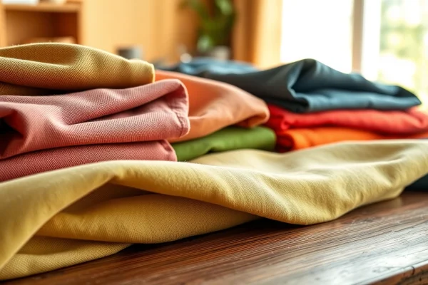 Verken de veelzijdigheid van uni katoen stof met kleurrijke stoffen op een houten tafel.