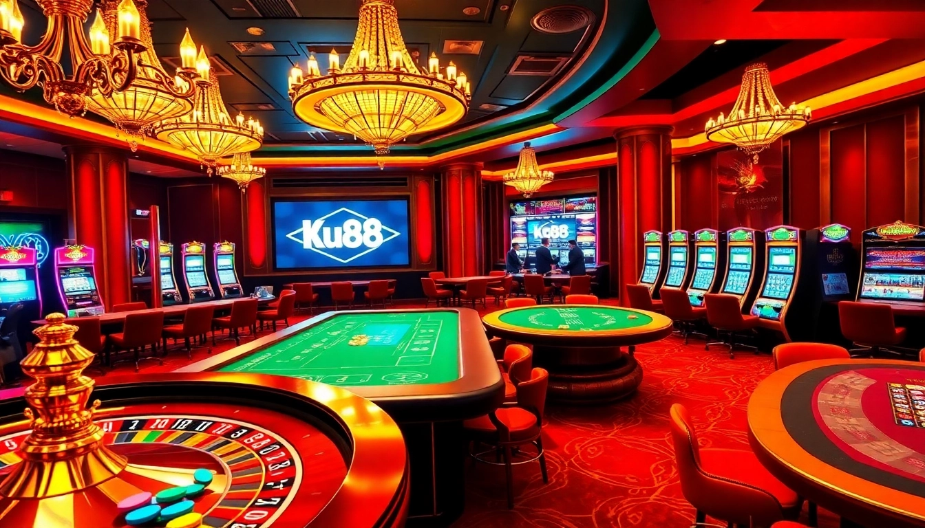 Experience the thrill of Ku88 Casino with vibrant tables, roulette wheel, and glowing slot machines.