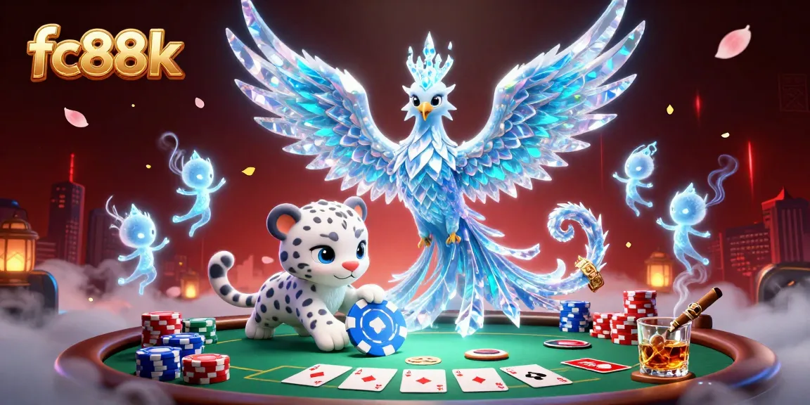 Engage in thrilling poker action with fc88k, featuring an ice phoenix and luxurious gaming elements.