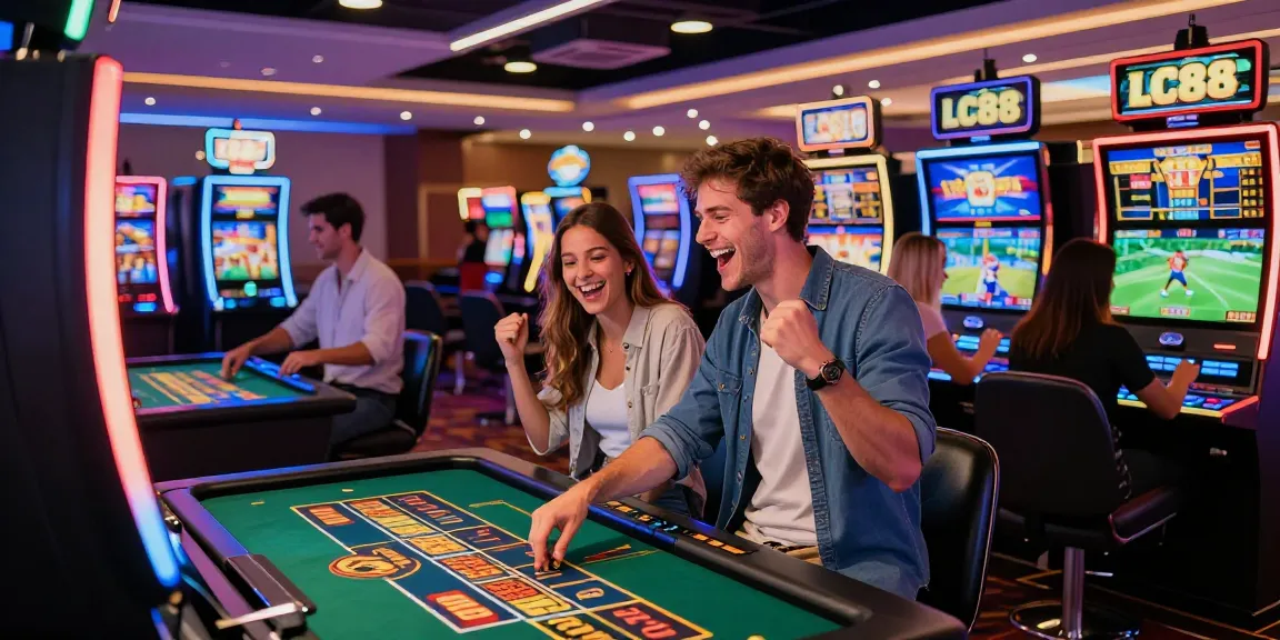 Young couple celebrating a win at LC88 casino, surrounded by vibrant gaming machines.