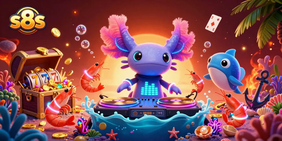 Experience thrilling gameplay with s8s as the neon axolotl DJ spins at an underwater casino party.